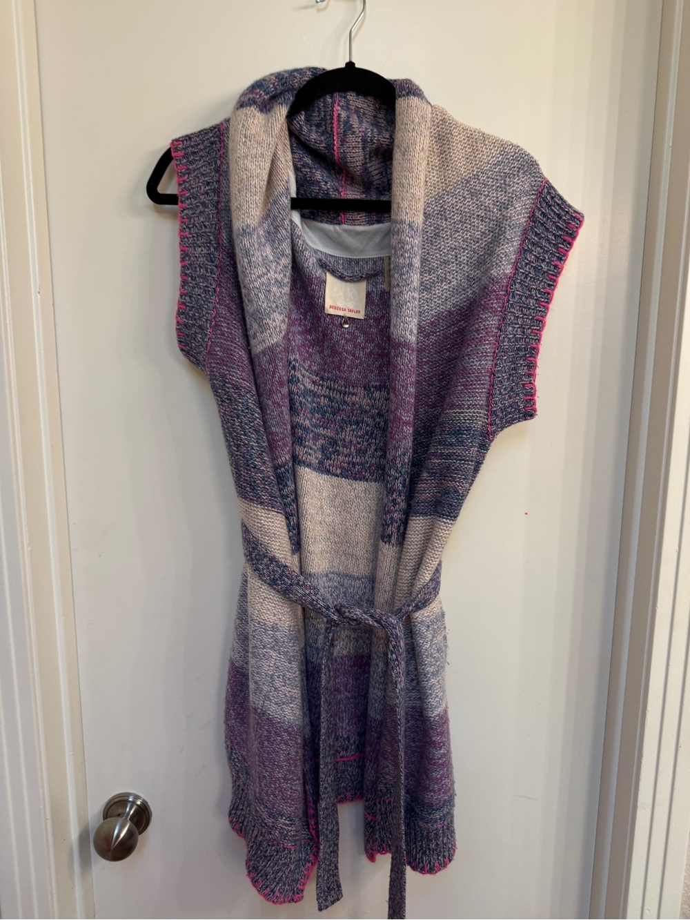 Rebecca Taylor Purple & Cream Sleeveless Open Front Knit Vest with Belt